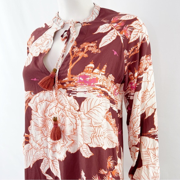Maaji Maroon WONDERLAND DREAMS Long Sleeve Asian Motif Floral Tunic Dress Size M - Picture 5 of 12